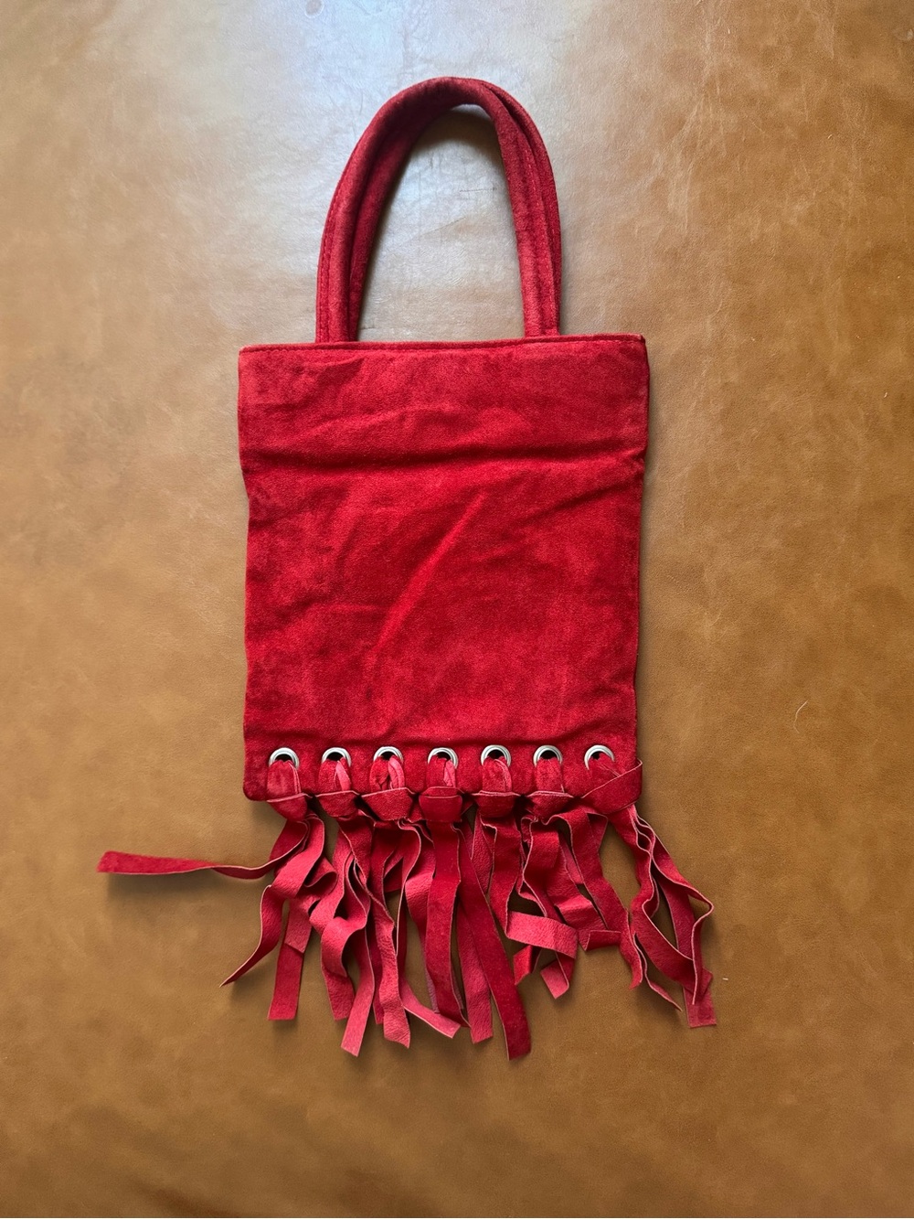 Leah Aiken Red Suede-Look Fringe Tote Bag Boho Western Shoulder Purse